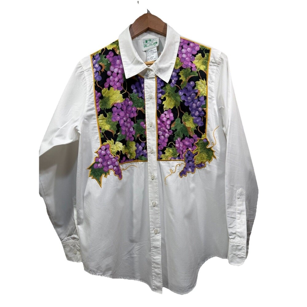 Quacker Factory Women's L Vintage 90's Button Up Collared Shirt Embroidery White